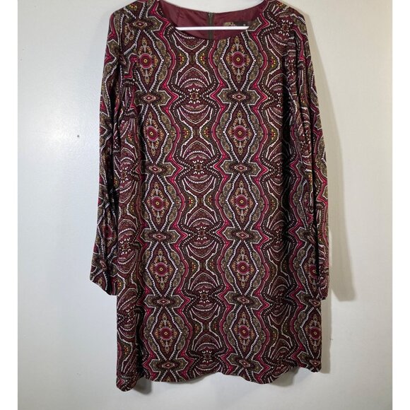 Womens Prana Cece Shift Dress Medallion Print Lined Zip Brown Red M - Picture 1 of 8